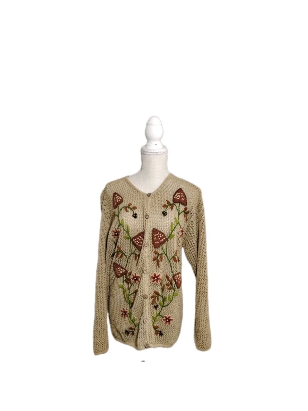 Vintage Jantzen Cardigan Sweater Womens Medium Beige Embroidered Floral Button